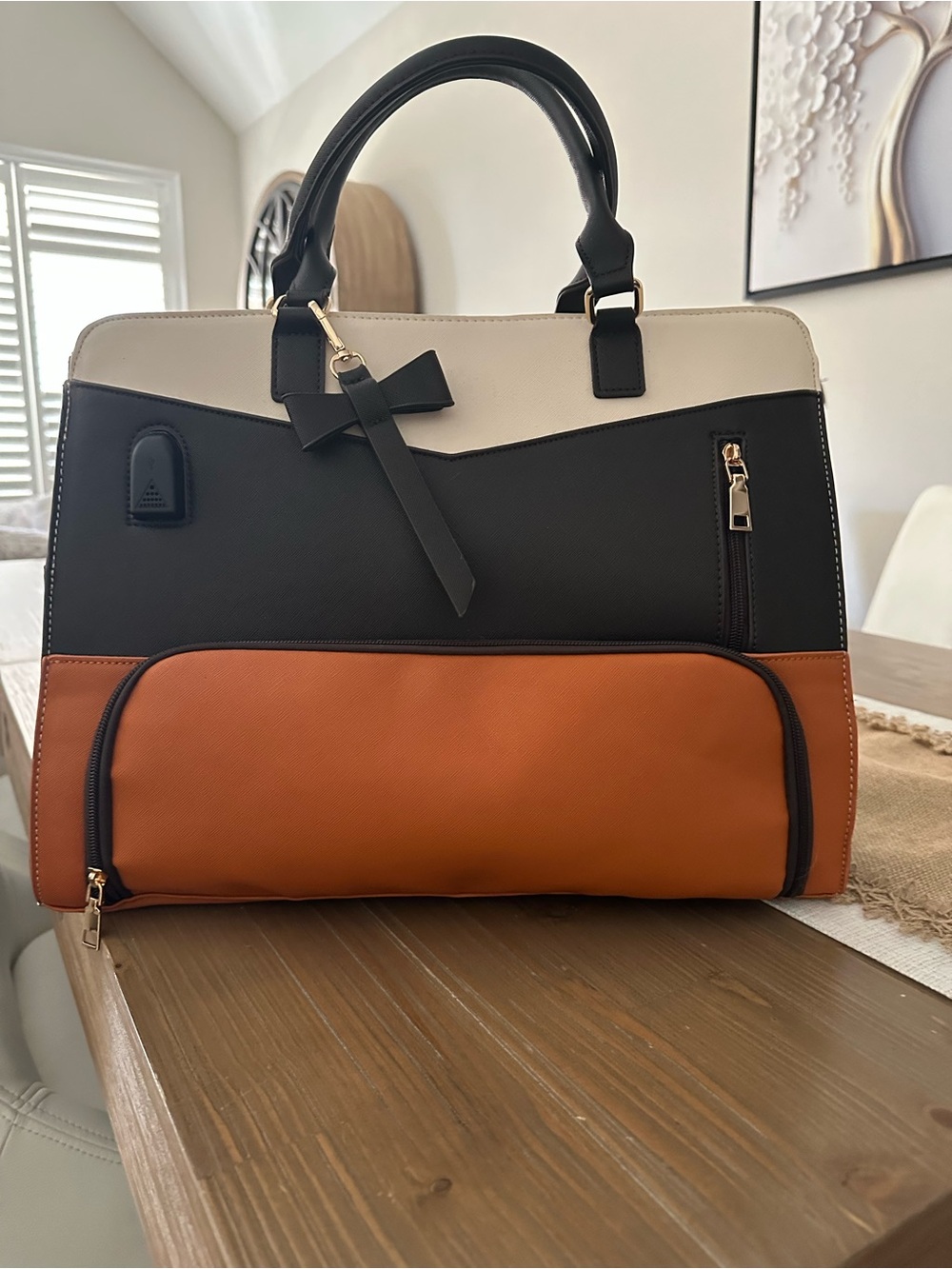 Three-Tone Structured Tote Bag - Black, Cream & Brown